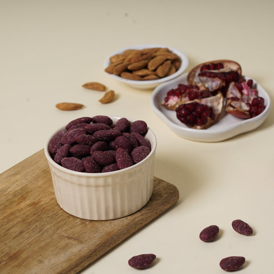 Anardana Flavoured Badam, Healthy Delicious Roasted Crunchy Californian Almond, tangy masala almond, open secret flavoured almond, sweet chili almond, gourmet almond