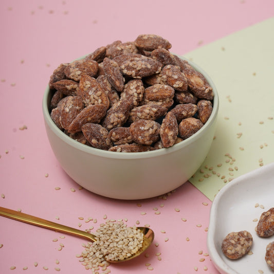 Honey Flavoured Badam, Natural Honey sesame Almond Snack, Sesame Seeds Coated Almond Snack, Sesame Honey and Almonds, Premium Almonds, Almonds Sprinkled with sesame seeds