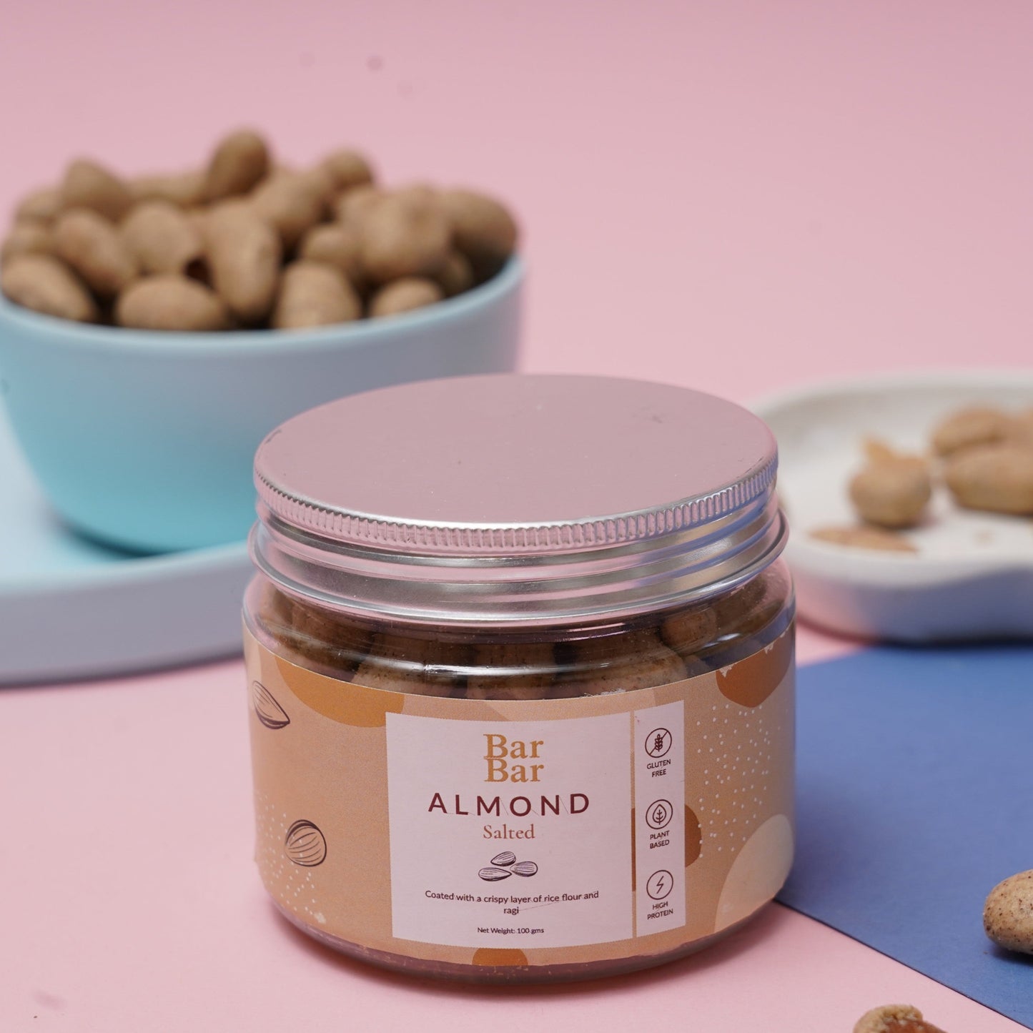 Roasted Salted Almonds, Ragi coated almond, gift premium dryfruits, unique dryfruits and badam, party snack, party chakhna, healthy snacking, Salted coated Almond.